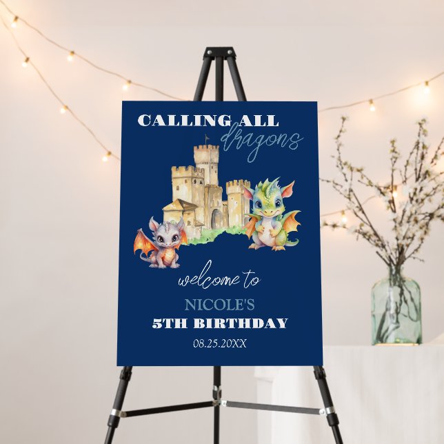 Cute Dragons Castle Fairytale Navy Kids Birthday Foam Board (In Situ (Stand))