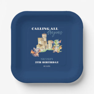 Cute Dragons Castle Fairytale Navy Kids Birthday Paper Plates