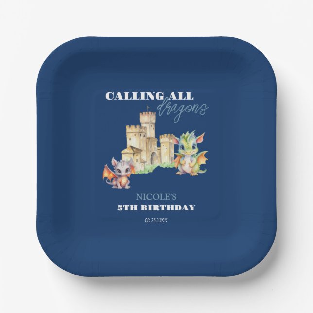 Cute Dragons Castle Fairytale Navy Kids Birthday Paper Plates (Front)