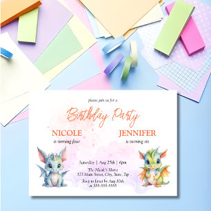 Cute Dragons Fairytale Kids Joint Birthday Invitation