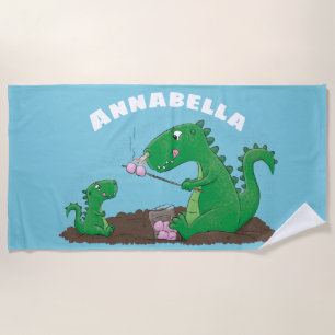 Cute dragons roasting marshmallows cartoon beach towel