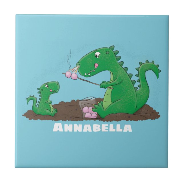 Cute dragons roasting marshmallows cartoon ceramic tile (Front)