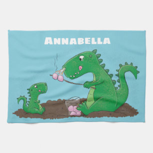 Cute dragons roasting marshmallows cartoon kitchen towel