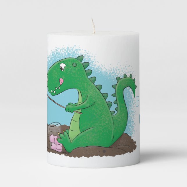 Cute dragons roasting marshmallows cartoon pillar candle (Front)
