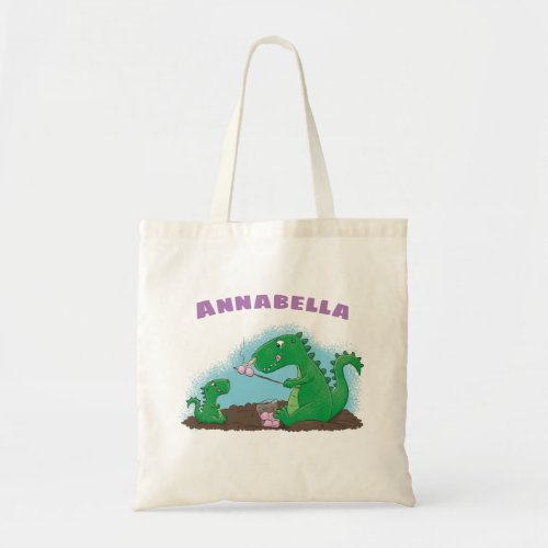 Cute dragons roasting marshmallows cartoon tote bag