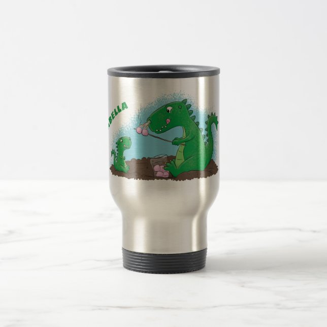 Cute dragons roasting marshmallows cartoon travel mug (Center)