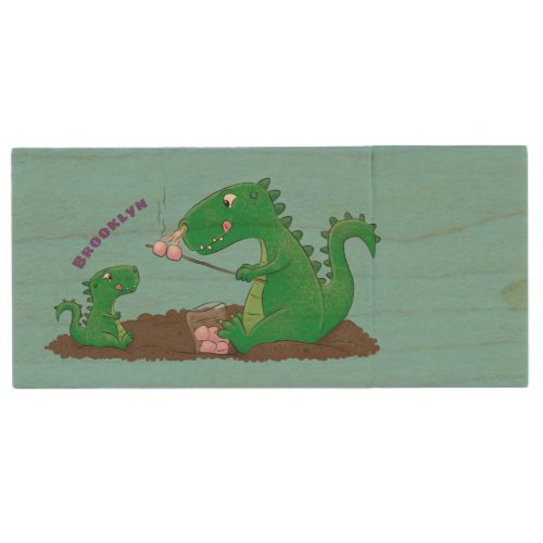 Cute dragons roasting marshmallows cartoon wood flash drive