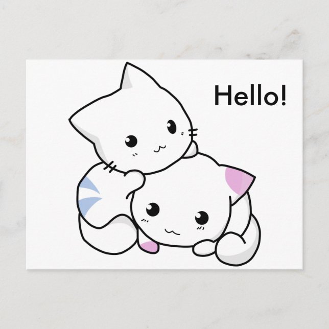 Cute Drawing of Boy and Girl Kitten in Love Postcard (Front)