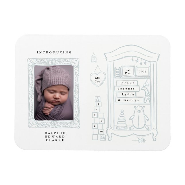 Cute Drawing Photo Birth Announcement Card Baby Magnet (Horizontal)