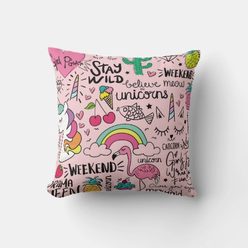 Cute drawings on pink seamless repeating pattern t throw pillow