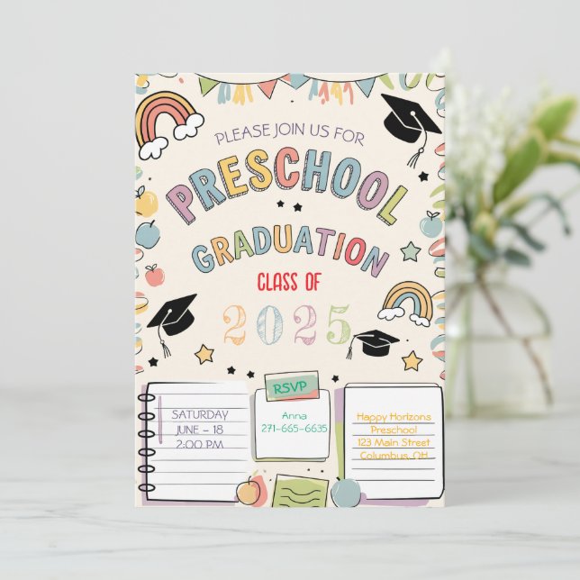 Cute Drawings Preschool Graduation Pastel Hues Invitation (Standing Front)