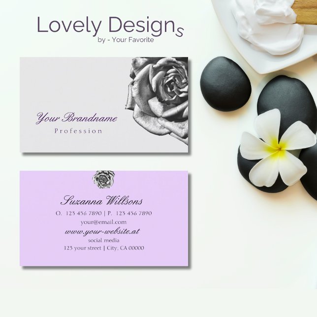 Cute Drawn Rose Plain Gray Lilac Simple Business Card (Creator Uploaded)