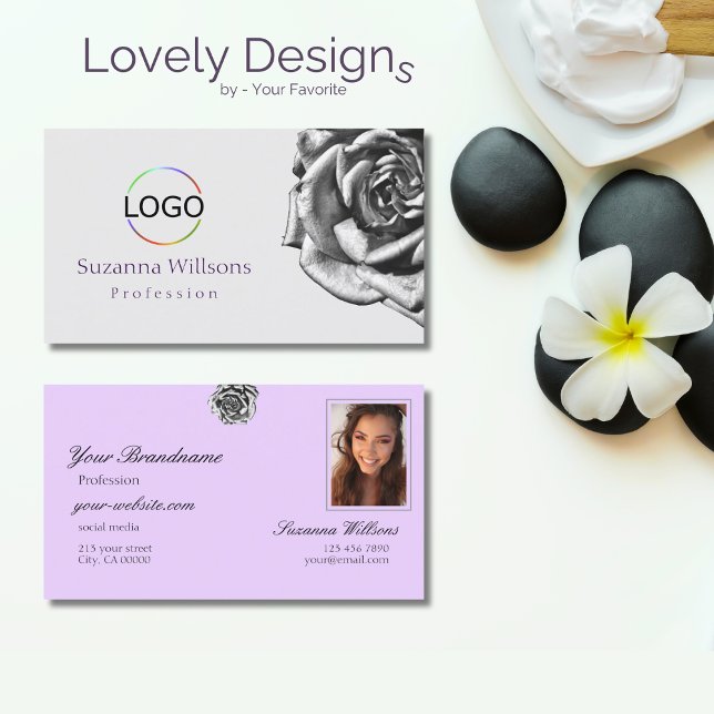 Cute Drawn Rose Plain Gray Lilac with Logo Photo Business Card (Creator Uploaded)