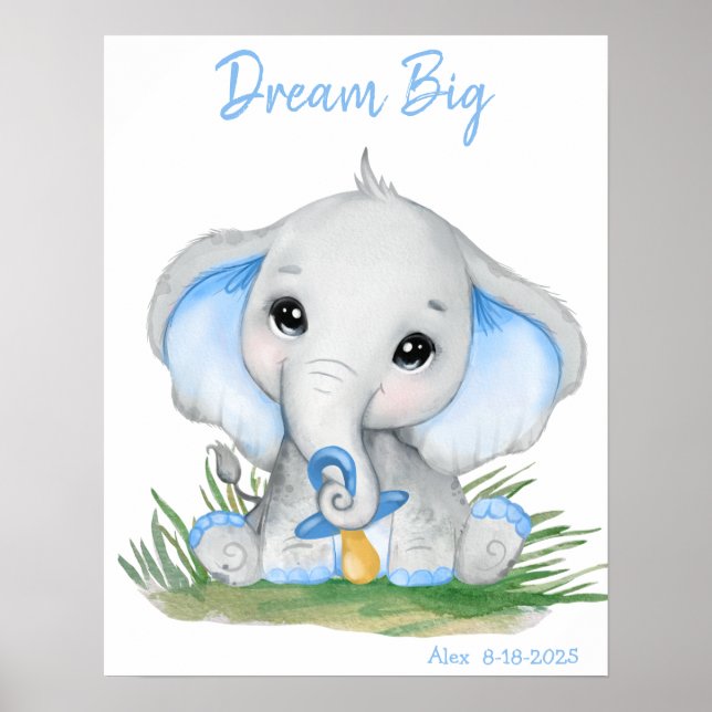 Cute Dream Big Blue Elephant Personalized Poster (Front)