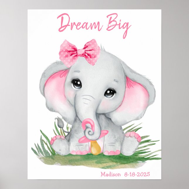 Cute Dream Big Pink Elephant Personalized Poster (Front)
