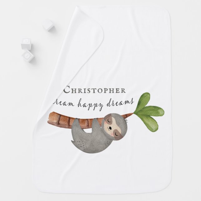 Cute Dream Happy Dreams Baby Sloth Monogram Blanket (In Situ)