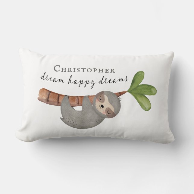 Cute Dream Happy Dreams Kids Sloth Monogram Lumbar Pillow (Front)