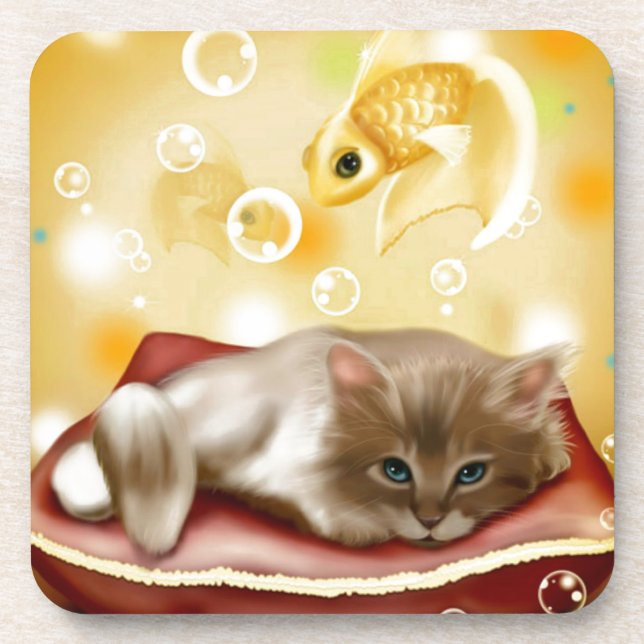 Cute Dream Kitten Beverage Coaster (Front)