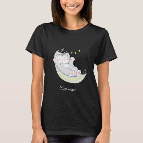 Cute Dreamer Kitty Cat in Hammock T_Shirt