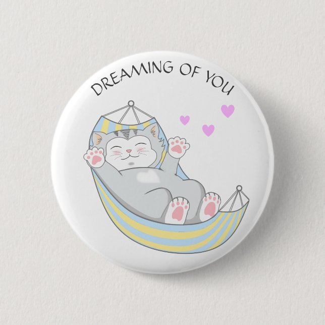 Cute Dreamer Kitty Cat with Heart in Hammock Button (Front)