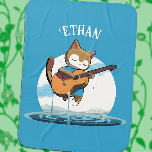 Cute Dreamy Cat Playing Guitar Blue Moon Music Baby Blanket