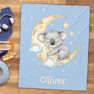 Cute Dreamy Koala on Crescent Moon Fleece Blanket