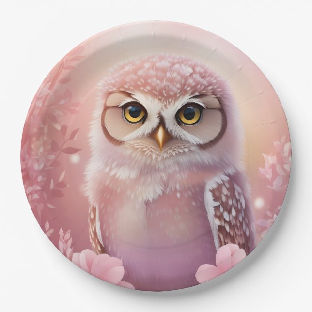 Cute Dreamy Pink Burrowing Owl  Paper Plates (Front)