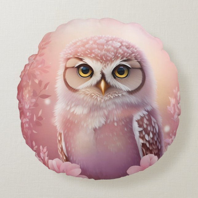 Cute Dreamy Pink Burrowing Owl  Round Pillow (Front)