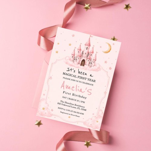 Cute Dreamy Pink Castle First Birthday Invitation