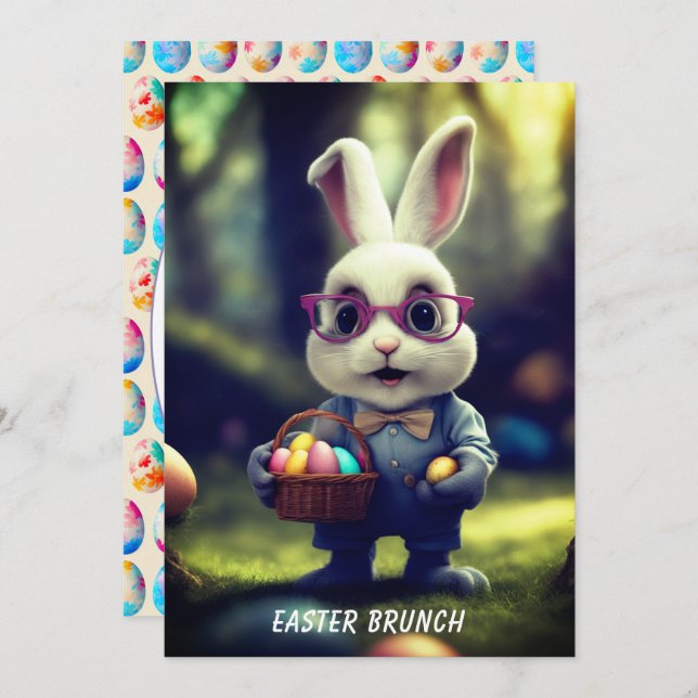Cute Dressed Bunny & Basket Brunch Invitation (Front/Back)