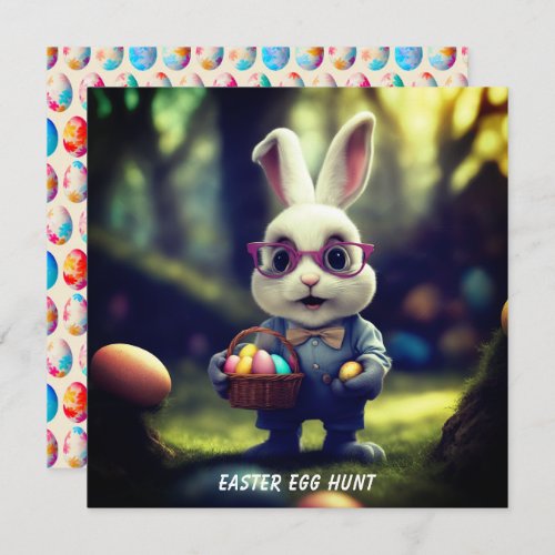 Cute Dressed Bunny  Basket Easter Egg Hunt Square Invitation