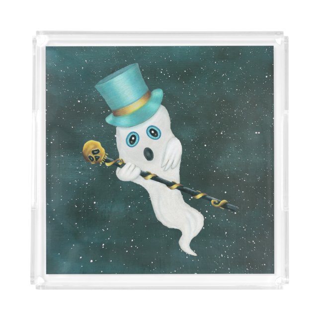 Cute Dressed Up Ghost in Top Hat Fancy Skull Cane Acrylic Tray (Front)