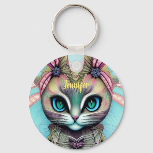 Cute dressed up lady cat with custom name keychain