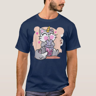 Cute Drinking Kawaii Boba Cat Bubble Anime Japanes T-Shirt
