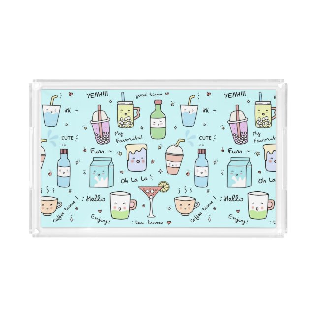Cute Drinks and Cocktails Doodles Acrylic Tray (Front)