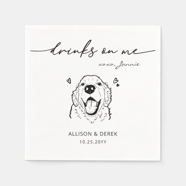 Cute Drinks on Me Golden Retriever Dog Wedding Napkins (Front)