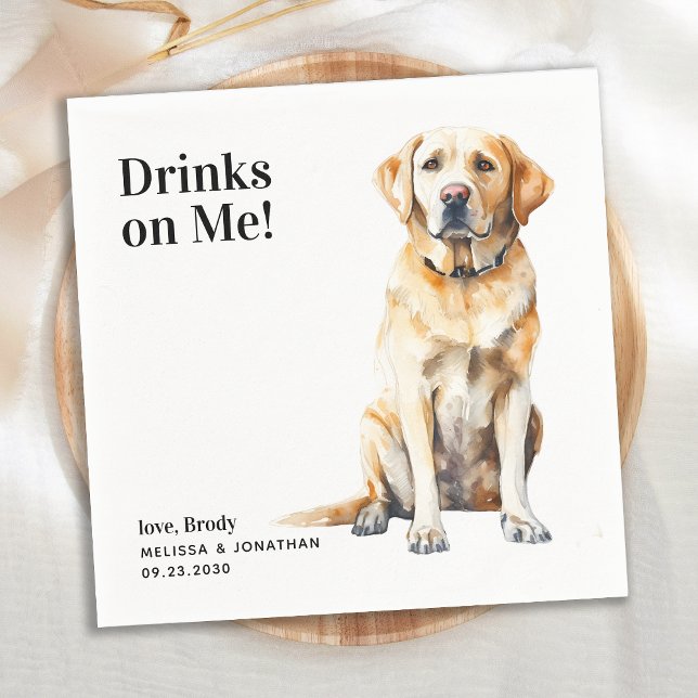 Cute Drinks On Me Yellow Labrador Dog Wedding Napkins (Creator Uploaded)