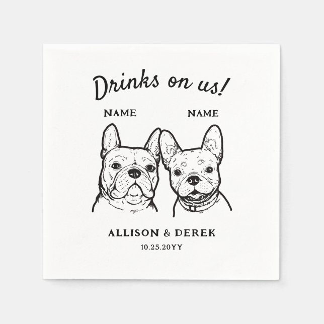 Cute Drinks On Us 2 Dogs Wedding Cocktail Napkins (Front)