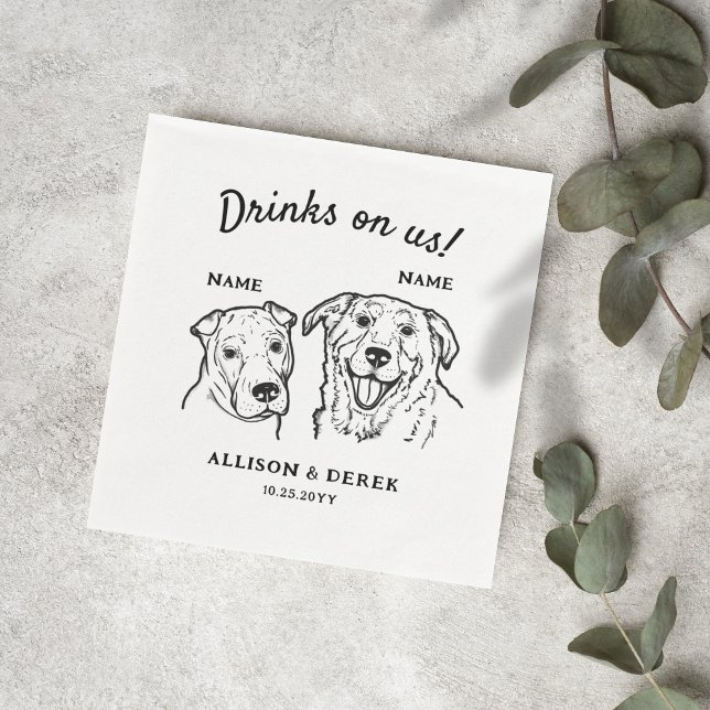 Cute Drinks On Us 2 Dogs Wedding Cocktail Napkins (Creator Uploaded)