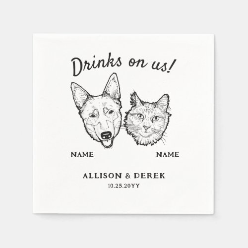 Cute Drinks On Us Dog and Cat Wedding Cocktail Napkins