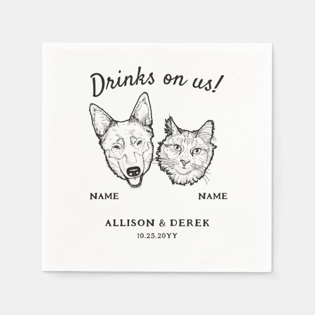 Cute Drinks On Us Dog and Cat Wedding Cocktail Napkins (Front)