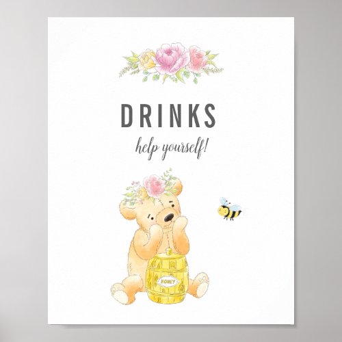 Cute Drinks Table Girl Teddy Bear Baby Shower Poster