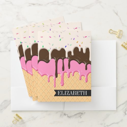 Cute Dripping Ice Cream Cone Personalized  Pocket Folder