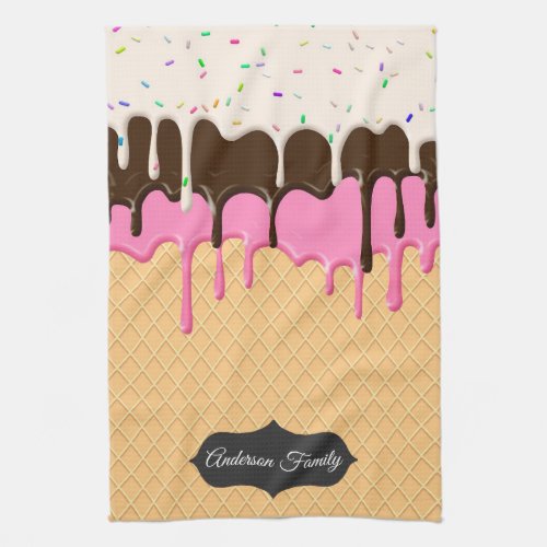Cute Dripping Ice Cream With Sprinkle Personalized Kitchen Towel