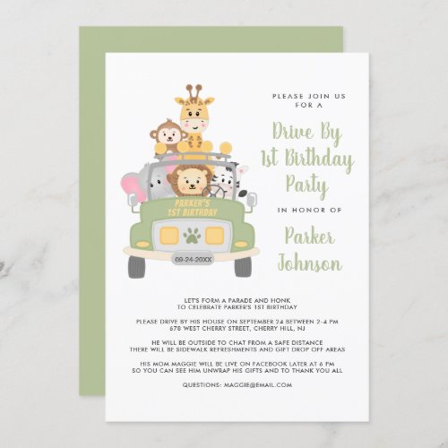 Cute Drive By Animal Safari 1st Birthday Party Invitation