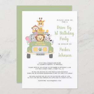 Cute Drive By Animal Safari 1st Birthday Party Invitation