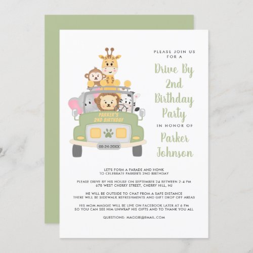 Cute Drive By Animal Safari 2nd Birthday Party Invitation