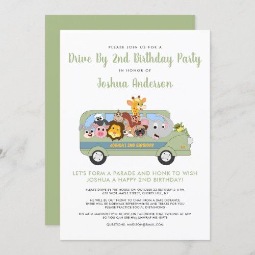 Cute Drive By Animal Safari 2nd Birthday Party Invitation