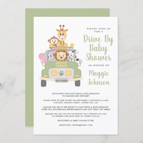Cute Drive By Animal Safari Baby Shower Invitation