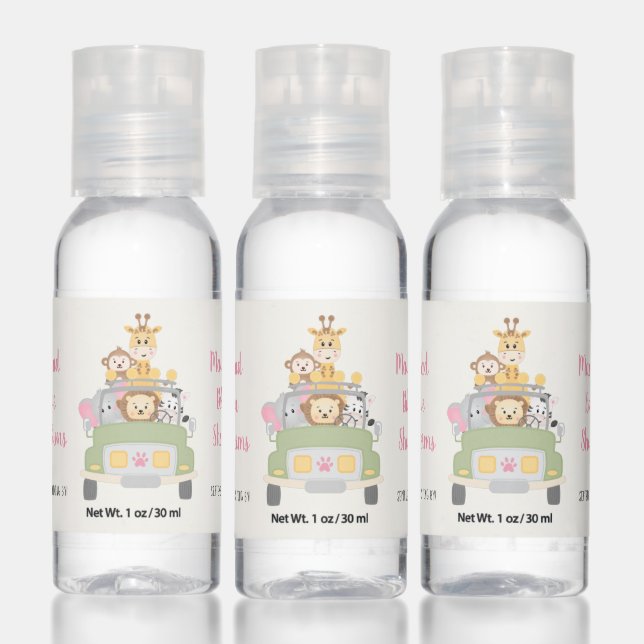 Cute Drive By Animal Safari Pink Baby Girl Shower Hand Sanitizer (Set)